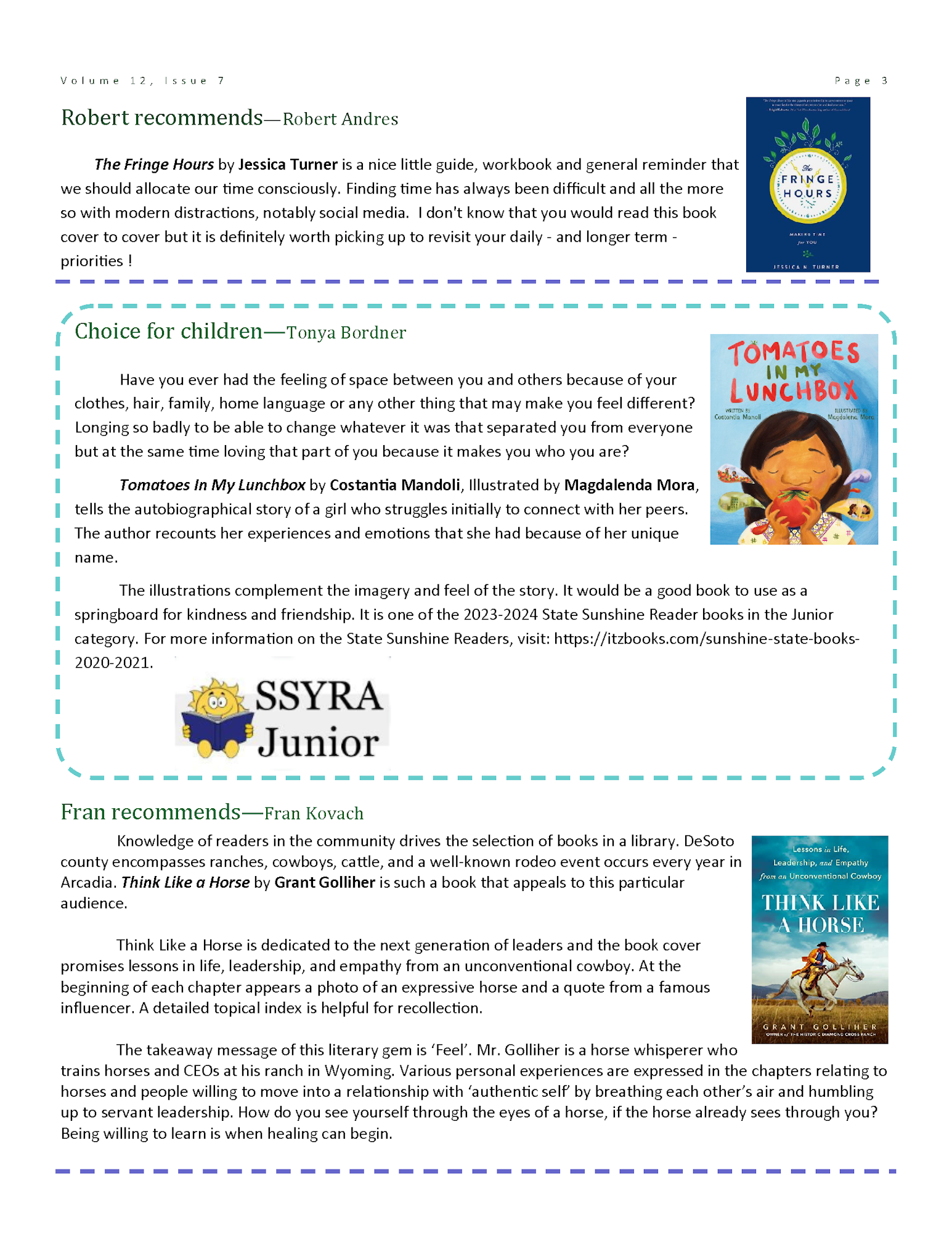 The image shows a section of a newsletter with book recommendations, including "The Fringe Hours" by Jessica Turner, "Tomatoes In My Lunchbox" by Costantia Manoli, and "Think Like a Horse" by Grant Golliher.