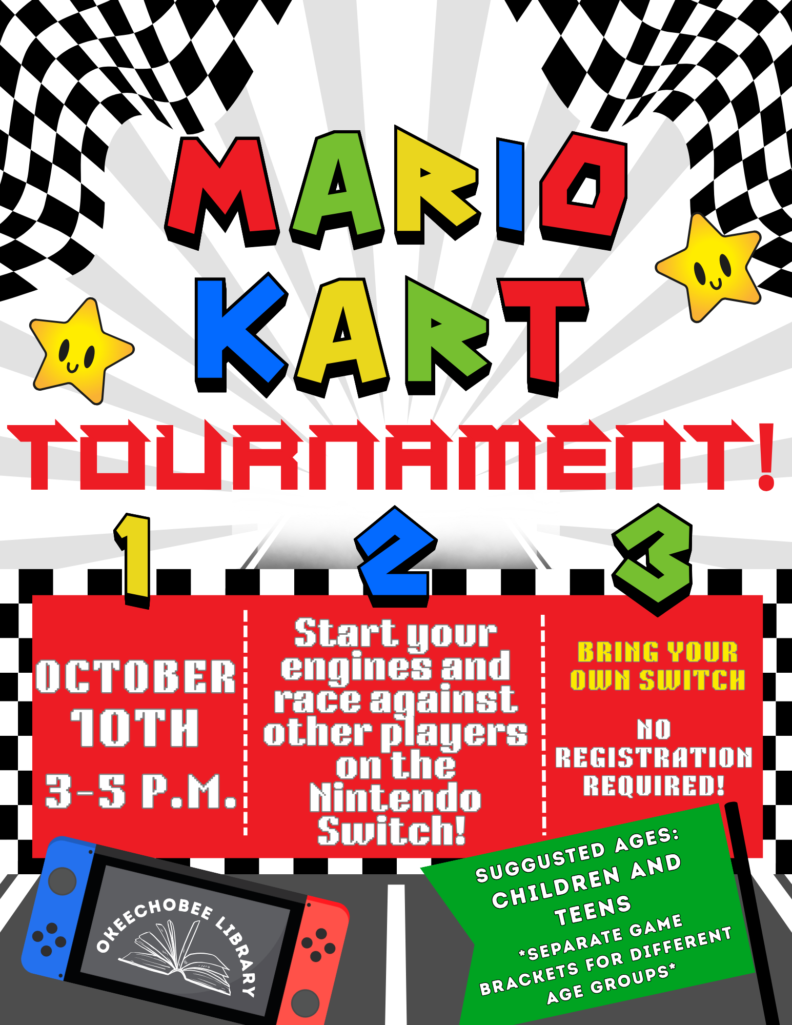 Join the Mario Kart Tournament on October 10th from 3-5 PM at Okeechobee Library. Bring your own Switch! No registration needed.