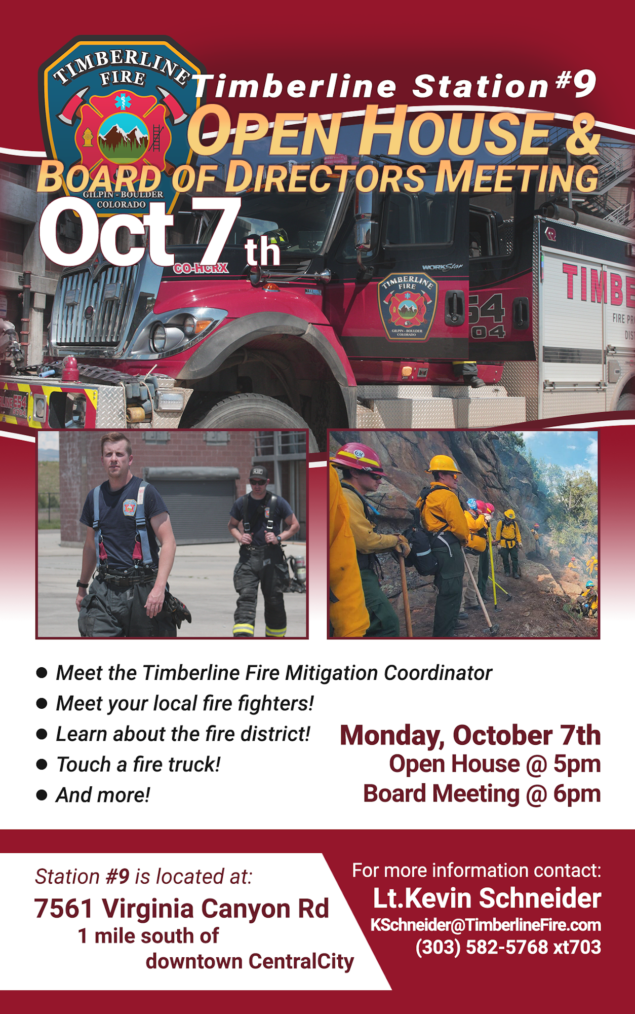 A flyer for Timberline Station #9 Open House & Board of Directors Meeting on October 7th with activities and contact info.