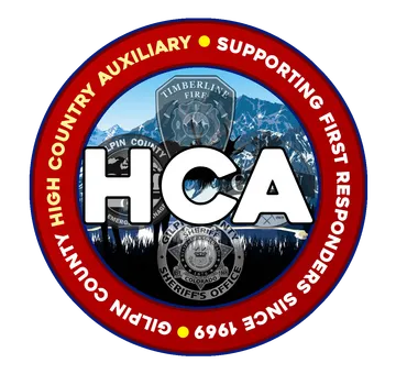 A circular badge logo with text "High Country Auxiliary - Supporting First Responders" and images of mountains, fire, and law enforcement symbols.