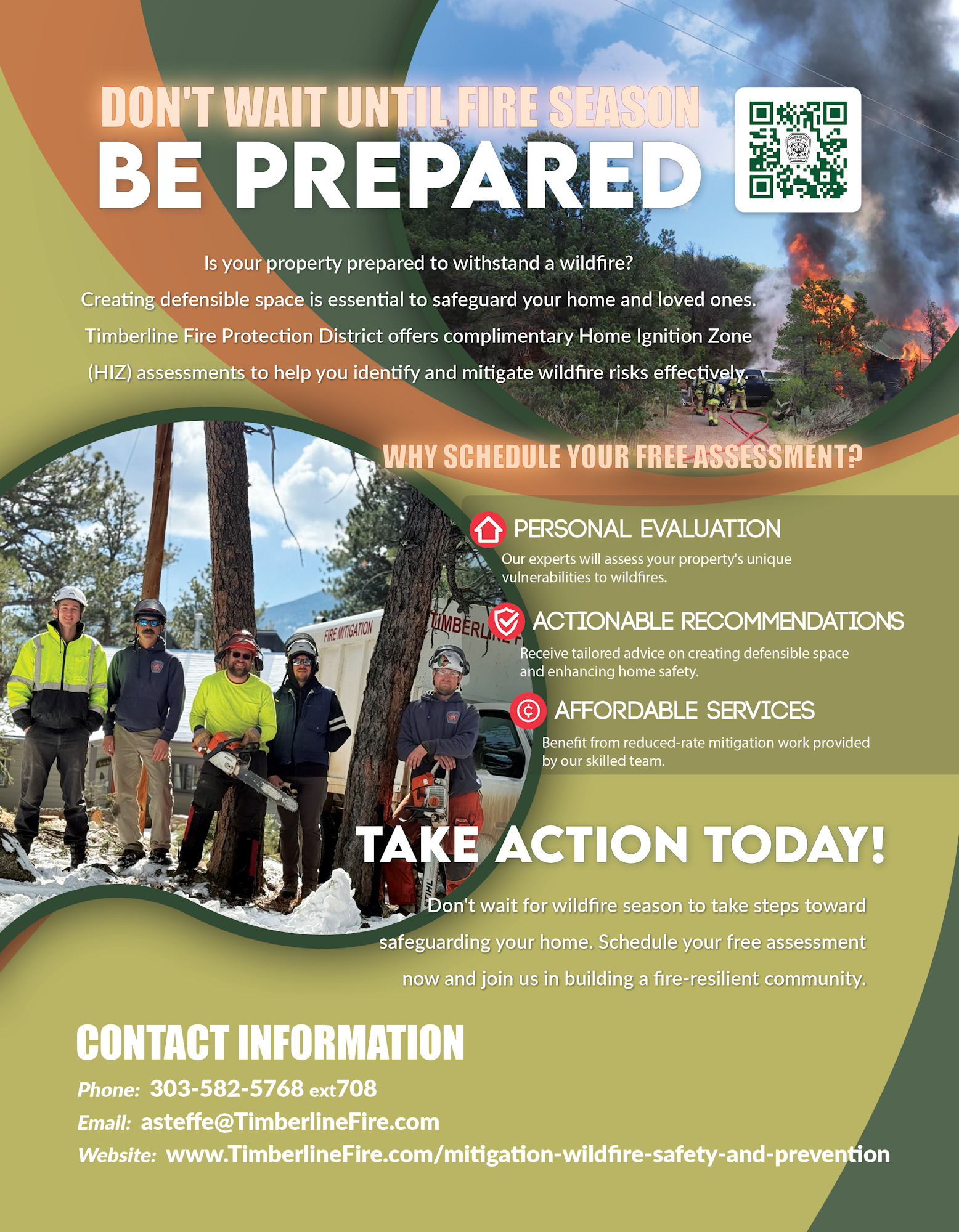 Wildfire preparedness flyer offering free home ignition zone assessments by Timberline Fire Protection District. Contact info included.