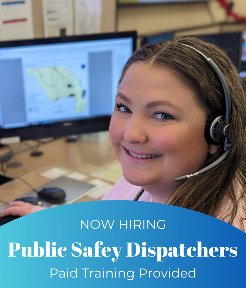 A job ad for Public Safety Dispatchers with an image of a smiling dispatcher wearing a headset in front of computer screens.