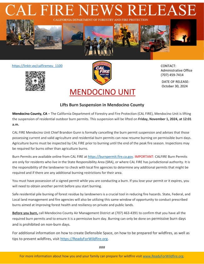 A CAL FIRE news release lifting burn suspension in Mendocino County with safety reminders and contact info.