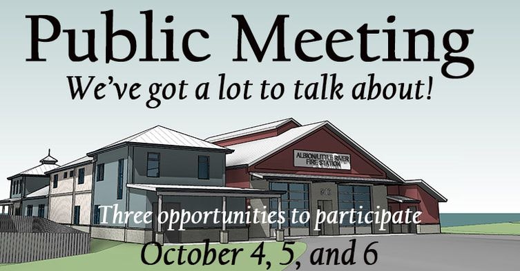Announcement of public meeting to discuss potential new firehouse in Albion and image of architect rendering of new building