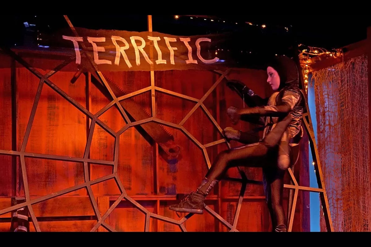 Person in a spider costume, beside a web with the word "TERRIFIC" written on it.