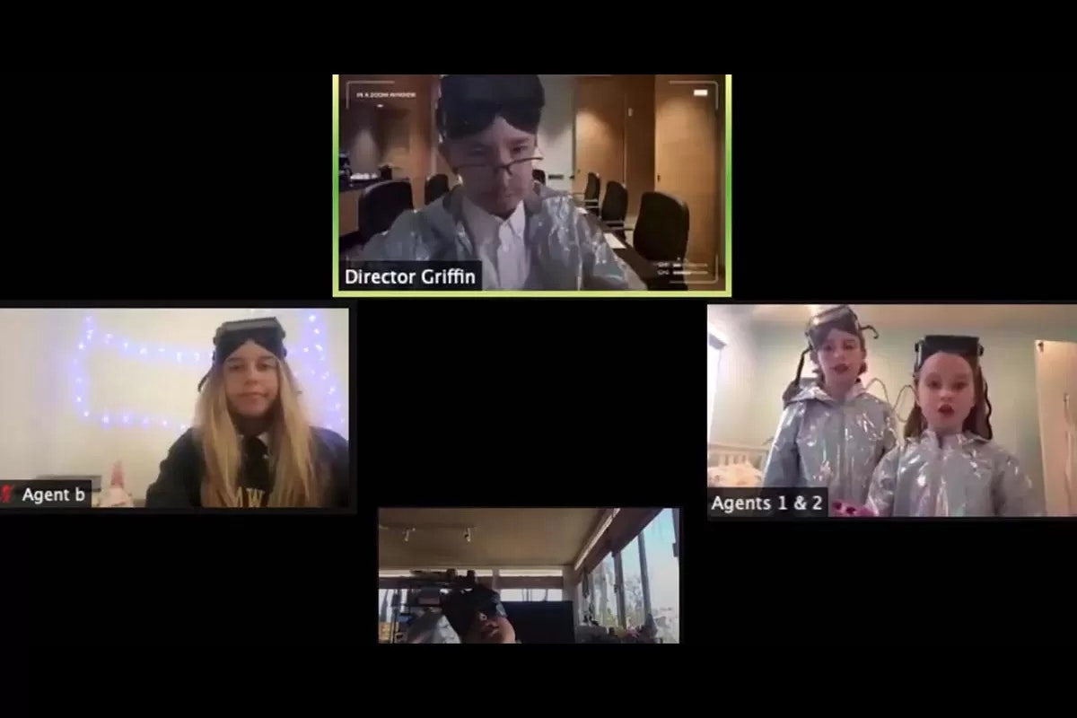 Five children in a virtual meeting dressed as agents, labeled as Director Griffin, Agent B, and Agents 1 & 2.