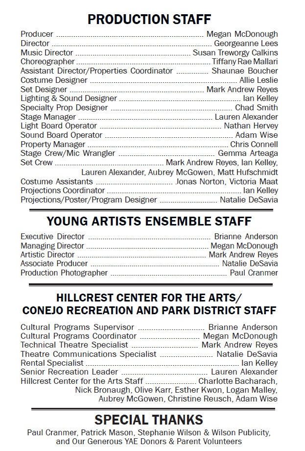 List of production, ensemble, and facility staff for a performance, with a special thanks section at the end.