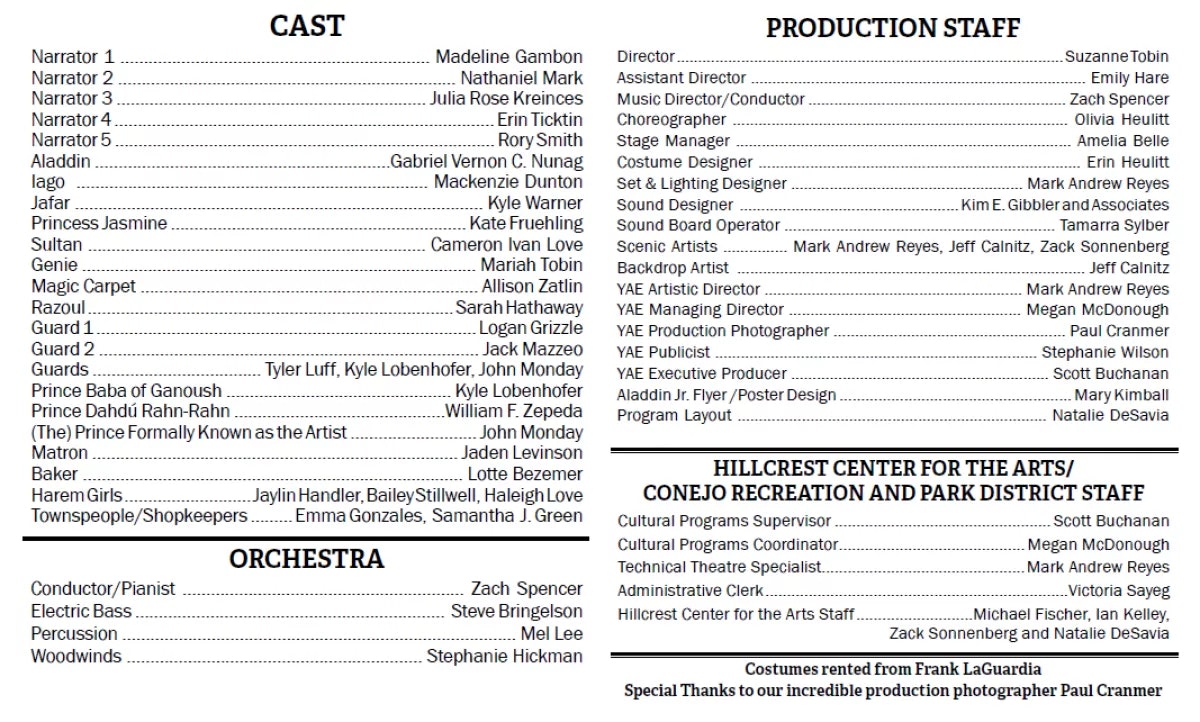 A theater program listing cast, production staff, orchestra, and staff for a show at Hillcrest Center for the Arts.