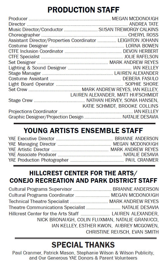 List of production, Young Artists Ensemble, and Hillcrest Center staff, with special thanks credits.