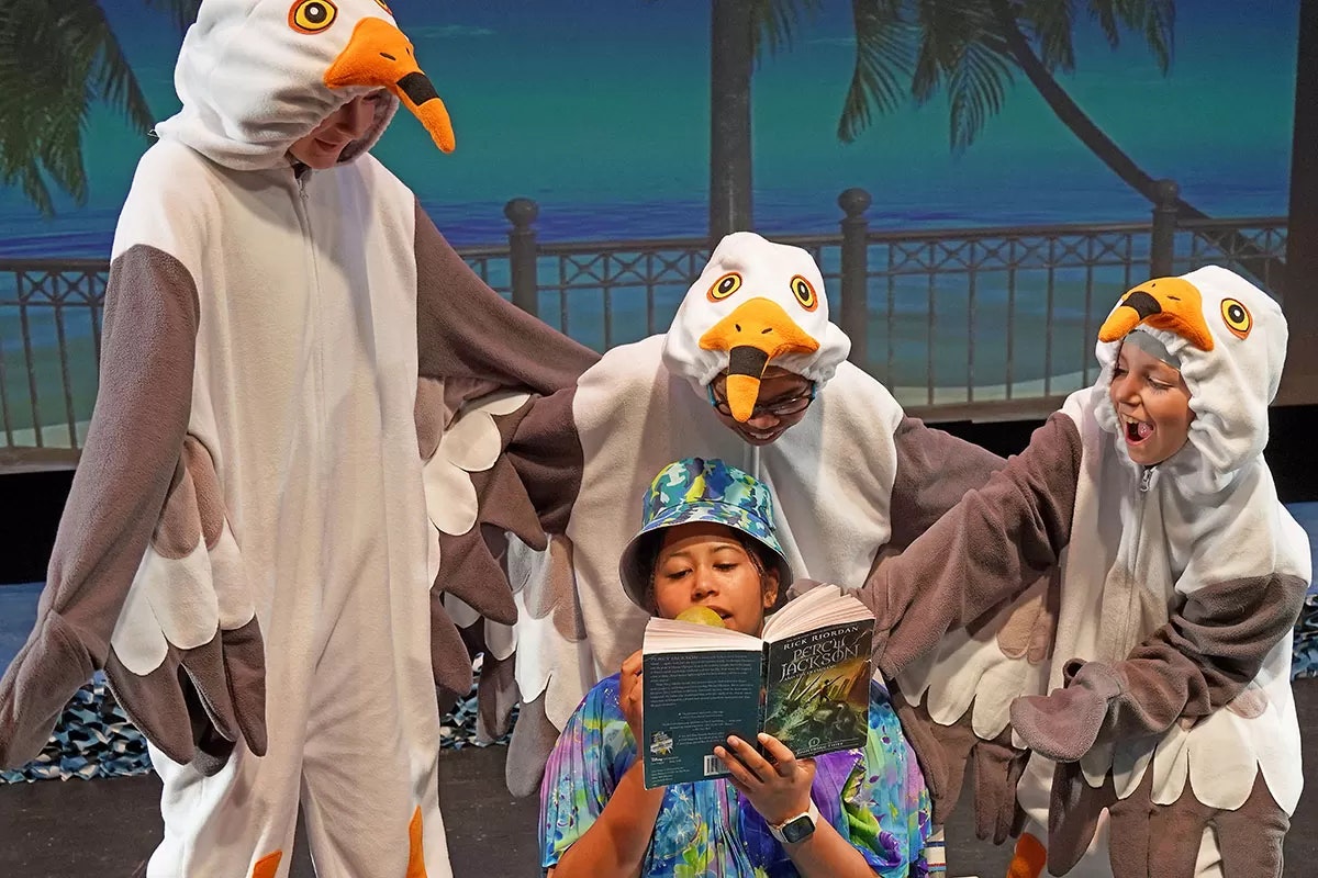 People in seagull costumes surround a person reading "Percy Jackson" with a feather in their mouth.