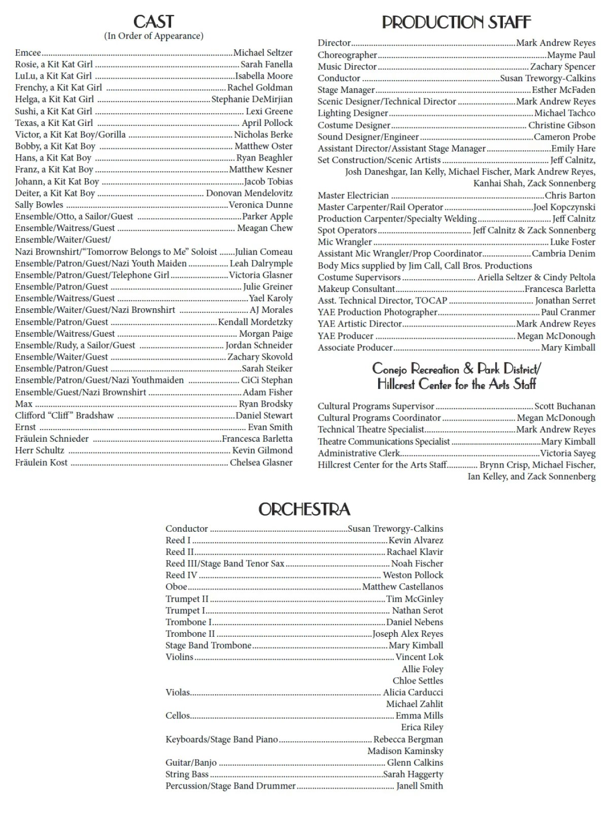 Cast, production staff, and orchestra list for a performance at Conejo Recreation & Park District/Hillcrest Center for the Arts.