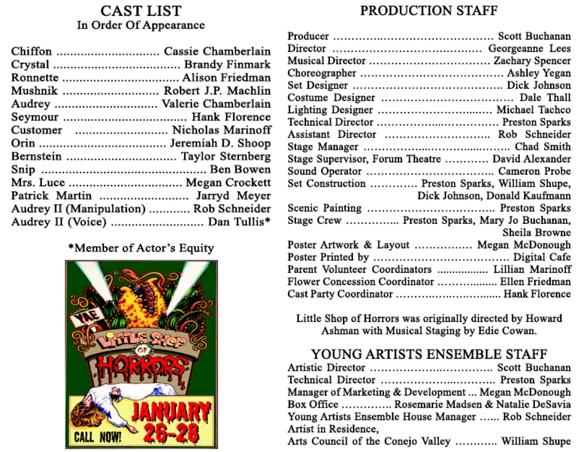 "Cast and production staff list for 'Little Shop of Horrors' performance, January 26-28. Includes roles, crew, and artistic credits."
