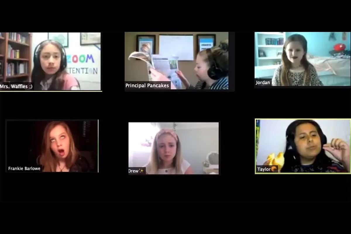 A virtual meeting with six participants in grid view, each displaying different expressions and activities.
