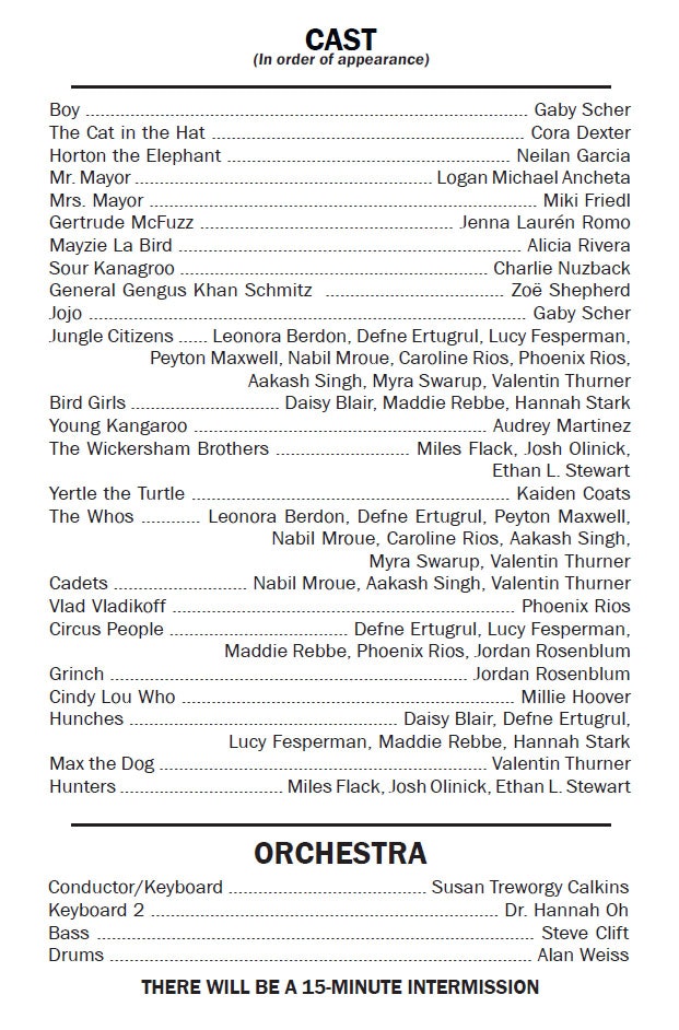 The image lists the cast and orchestra for a performance, including character names and their corresponding actors.