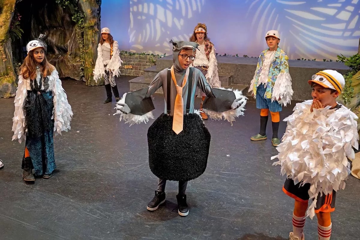 Children in bird costumes performing on stage, with one dressed as a penguin.
