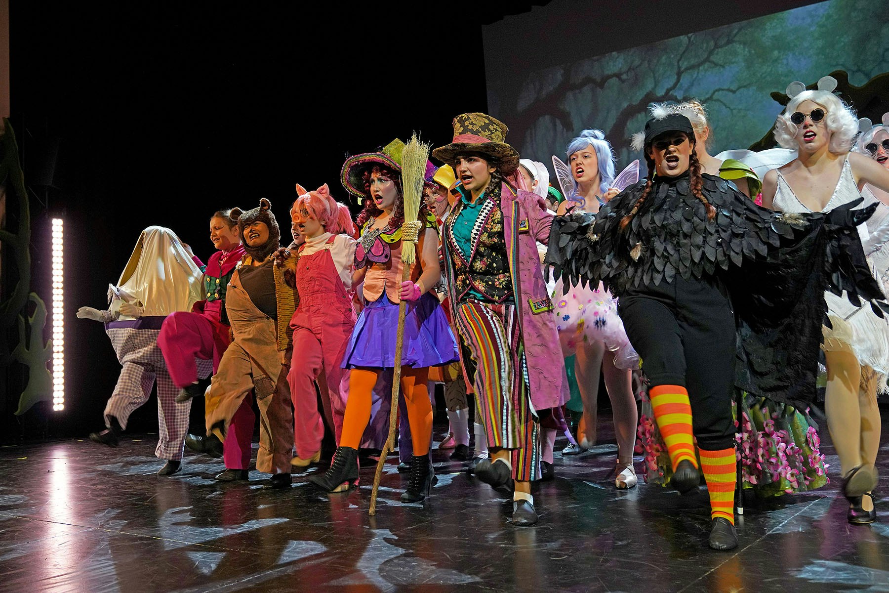 Performers in colorful costumes are on stage, striking a dramatic pose, with various characters like animals and fairytale figures.