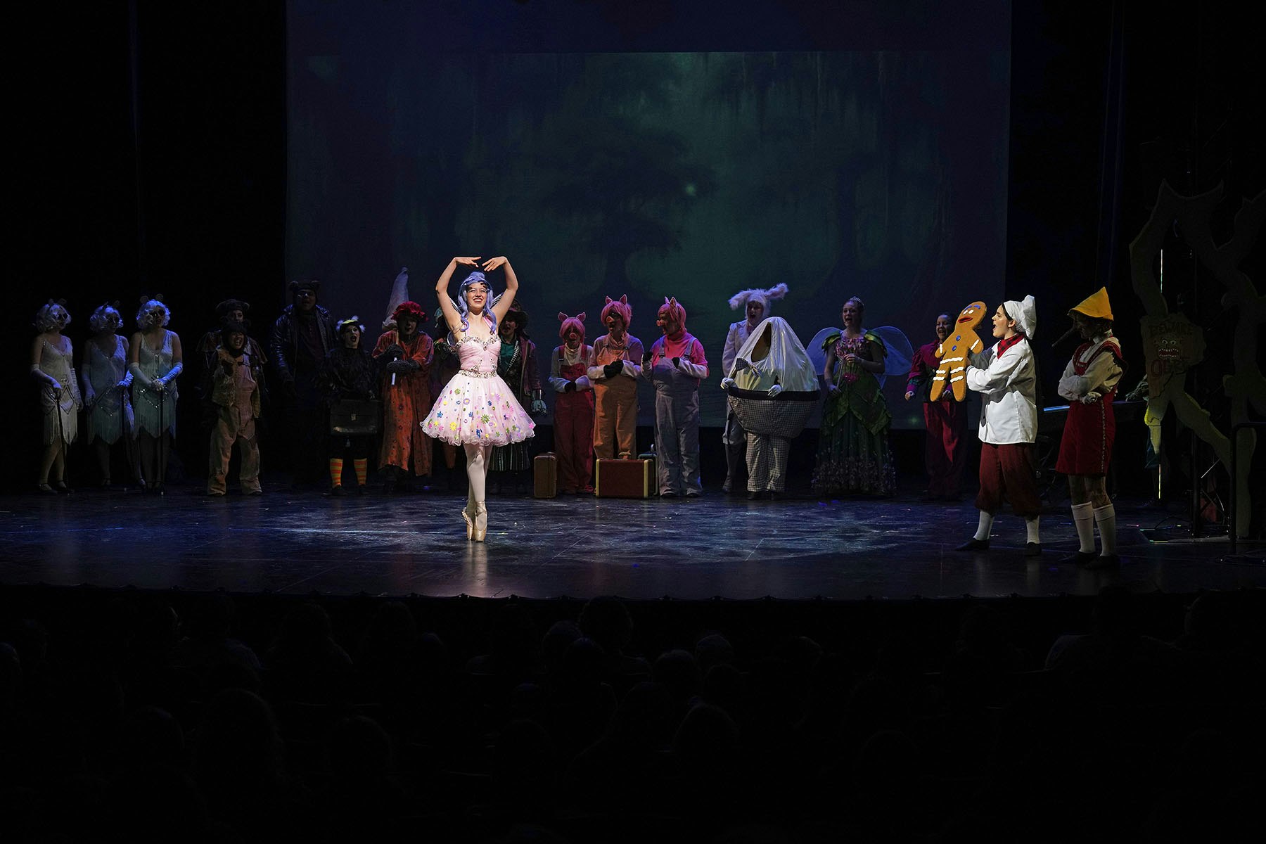 A costumed cast performs on stage with a ballerina and various fairy-tale characters in colorful outfits.
