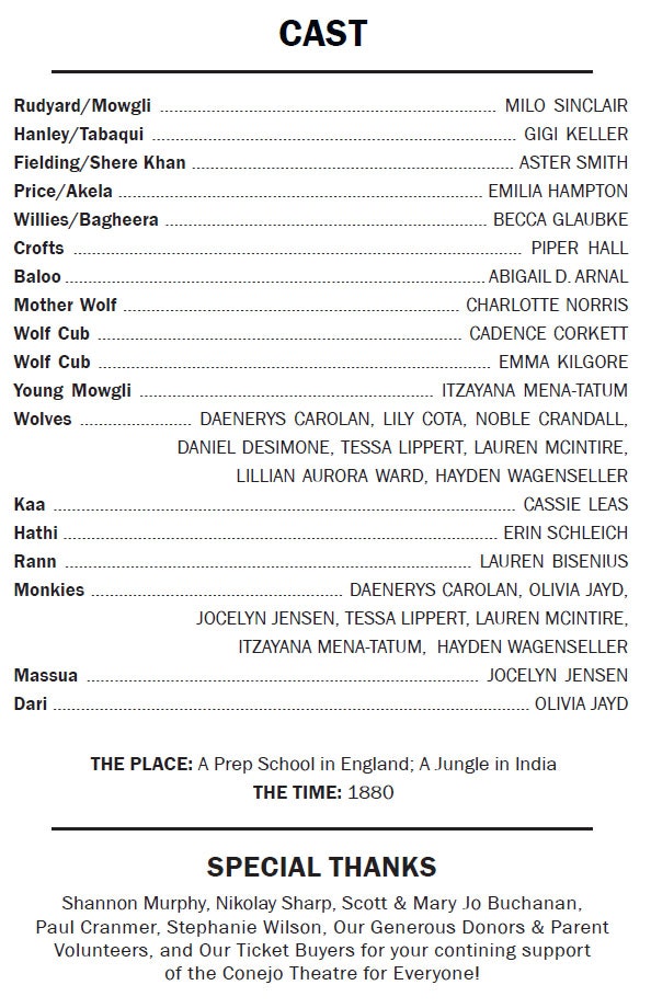 Cast list for a play set in a prep school in England and a jungle in India, 1880. Includes special thanks to supporters.