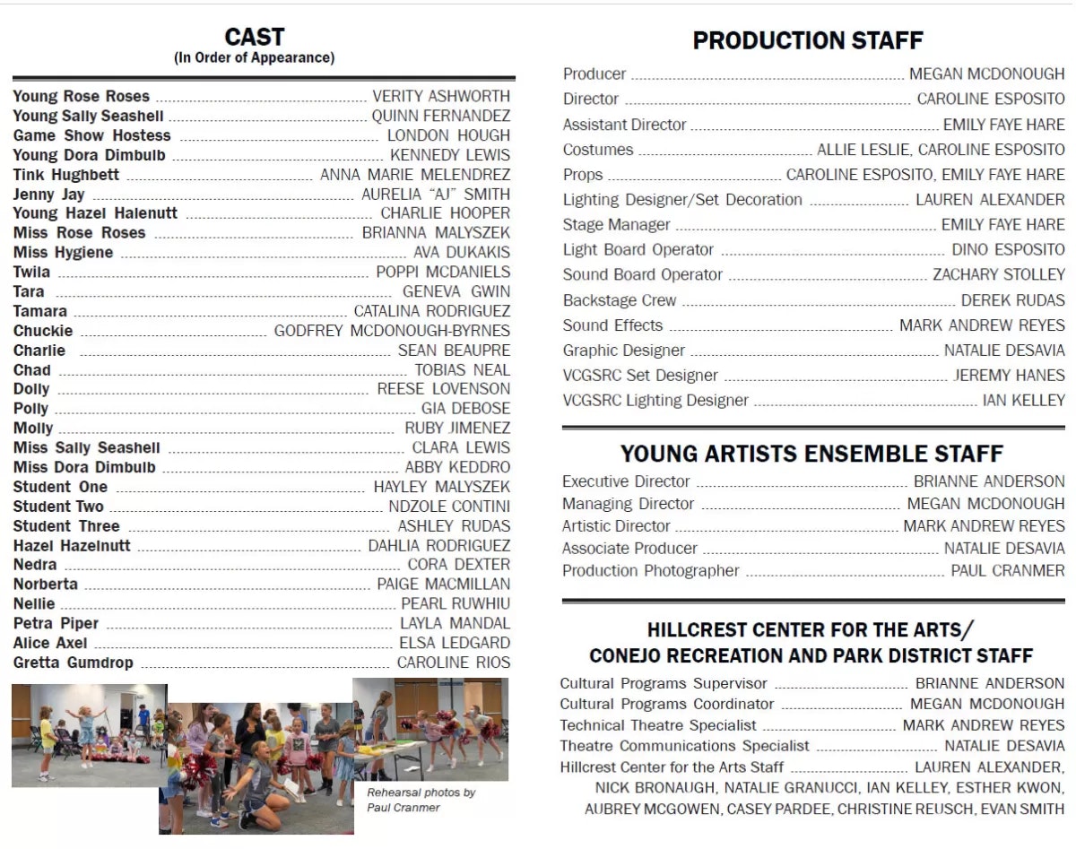 Cast and production staff list for a performance, including rehearsal photos at the bottom.