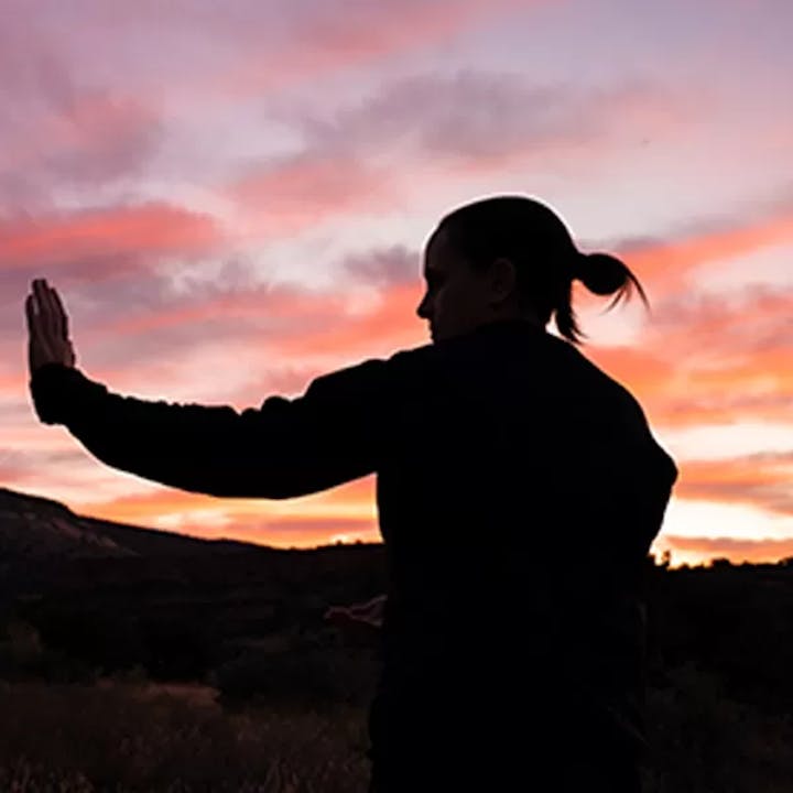 A silhouette of a person practicing tai chi against a colorful sunset sky.
