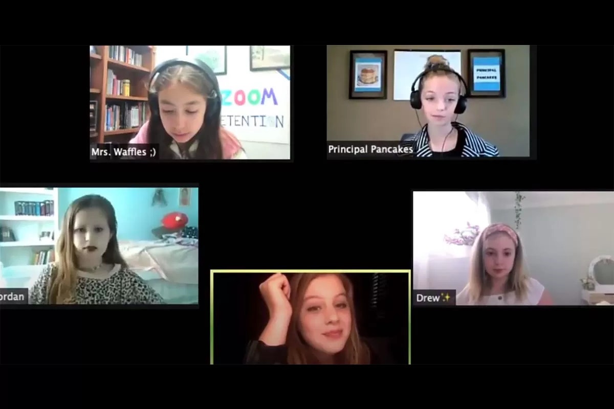 A virtual meeting with five participants labeled: Mrs. Waffles, Principal Pancakes, Jordan, Drew, and someone unnamed.