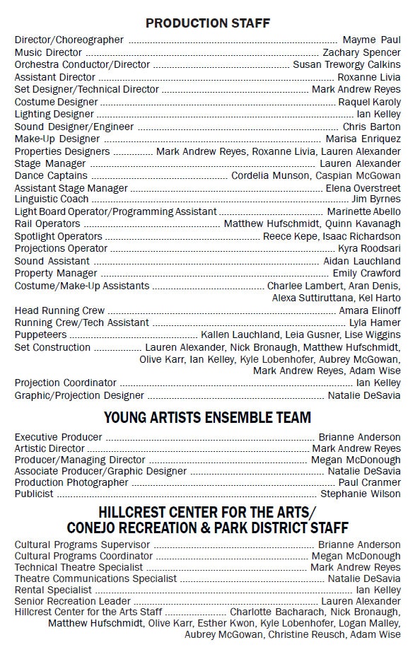 A list of production staff and roles, including directors, designers, and crew members, plus Young Artists Ensemble and recreation center staff.