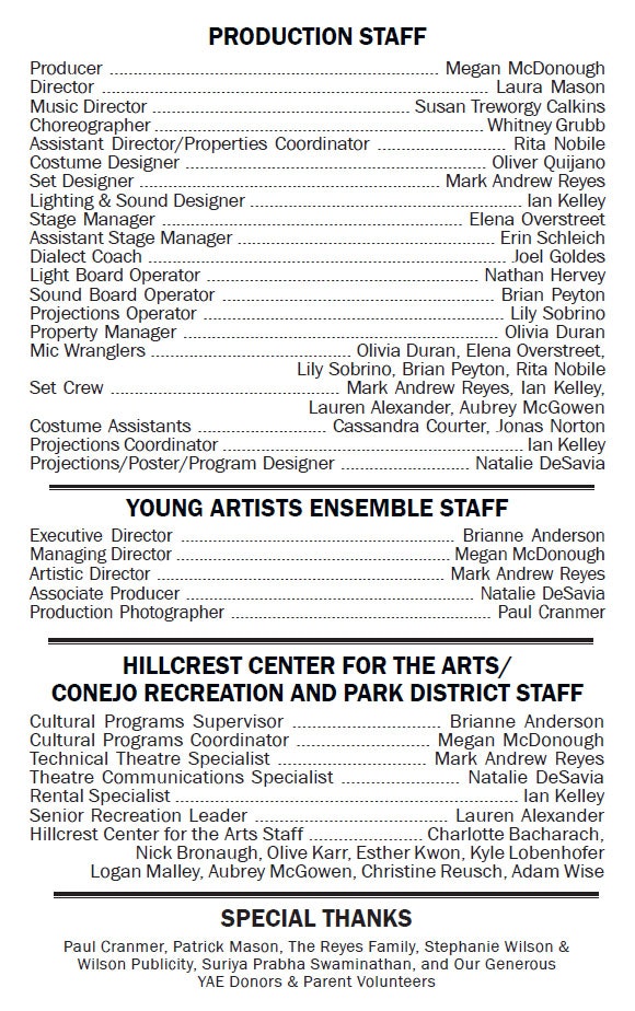 Production and ensemble staff lists for a theater project, including special thanks.