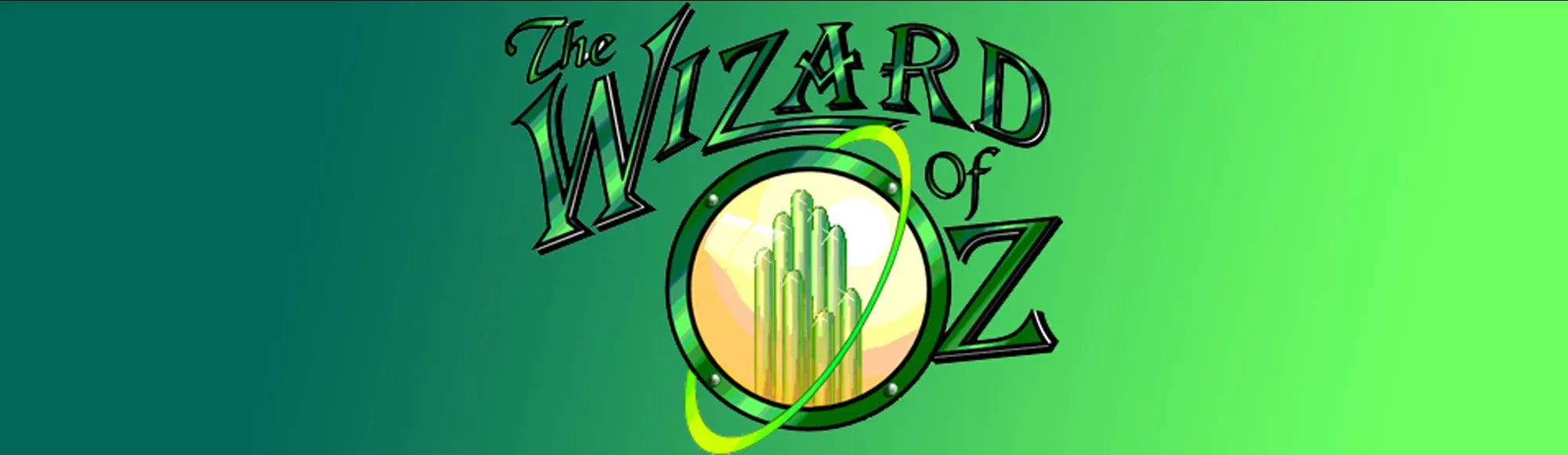 "The Wizard of Oz" logo with emerald towers and a green gradient background.