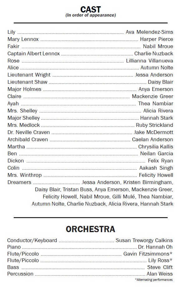 Cast and orchestra list for a performance, with roles and names included.