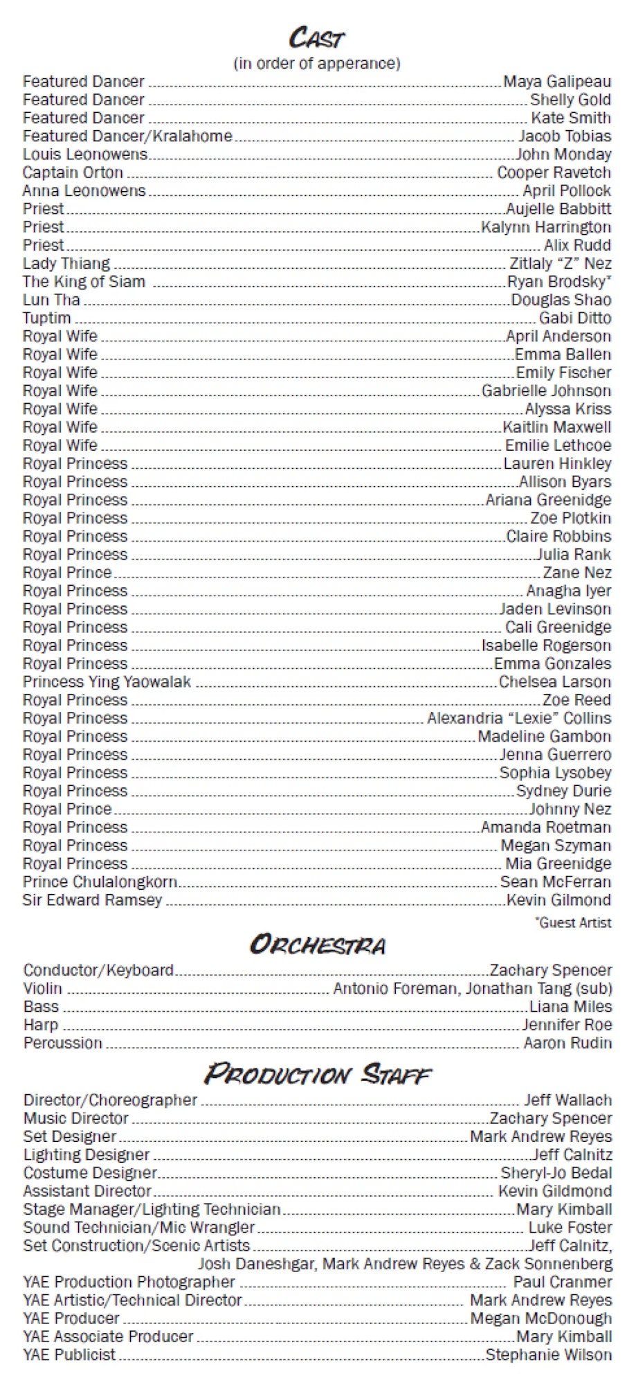 Cast and production list for a show, featuring roles, orchestra, and staff details.