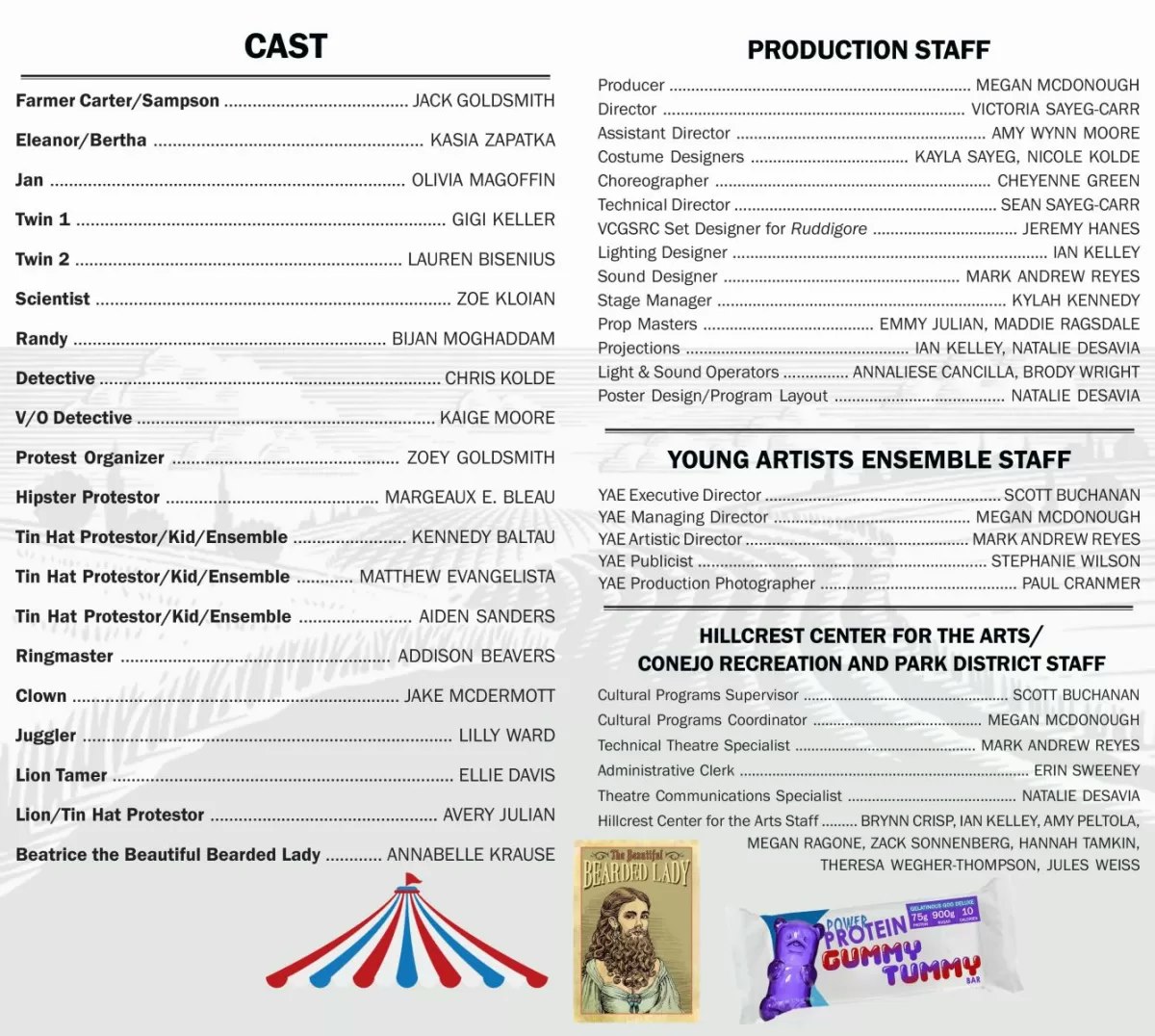 Cast and production staff list for a performance, including roles and credits. Features circus imagery and a bearded lady illustration.