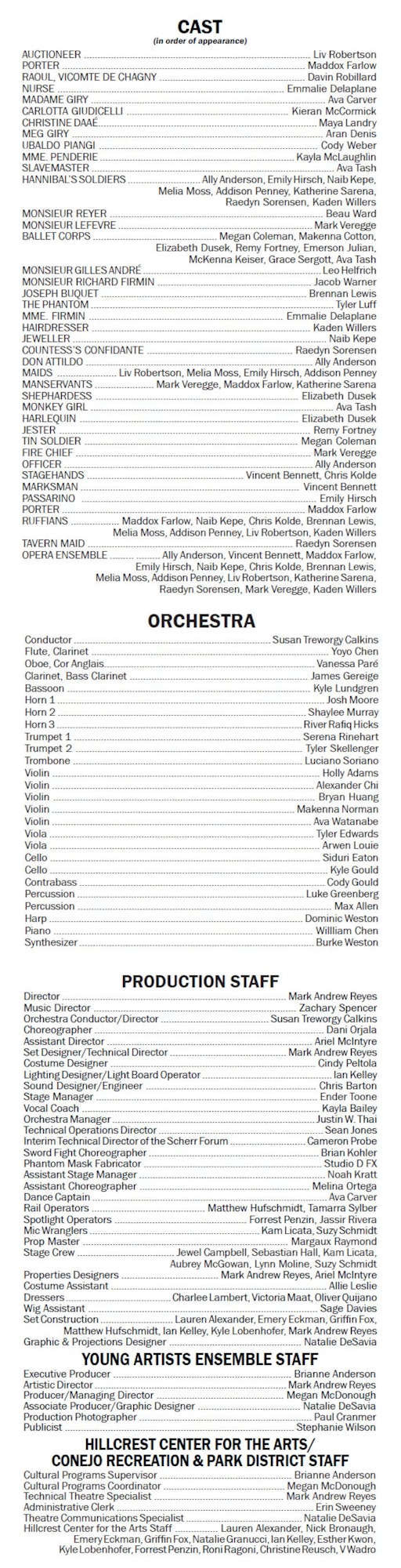 Cast and crew list for a performance, including roles, orchestra members, production staff, and associated organizations.