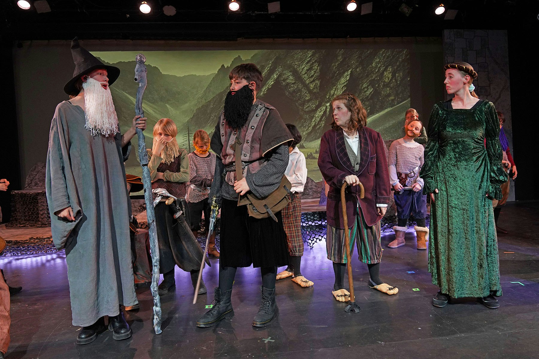 A group of people in fantasy costumes, including a wizard and adventurers, perform on a theater stage.