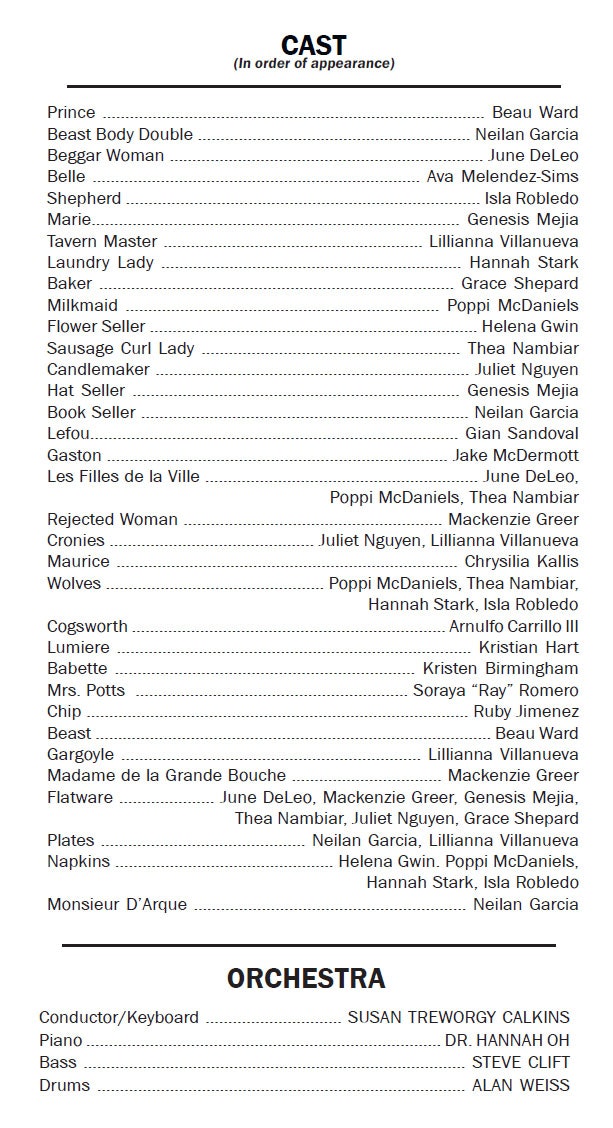Cast and orchestra list for a play, with roles and performers, including characters like Belle, Gaston, Beast, and orchestra members.