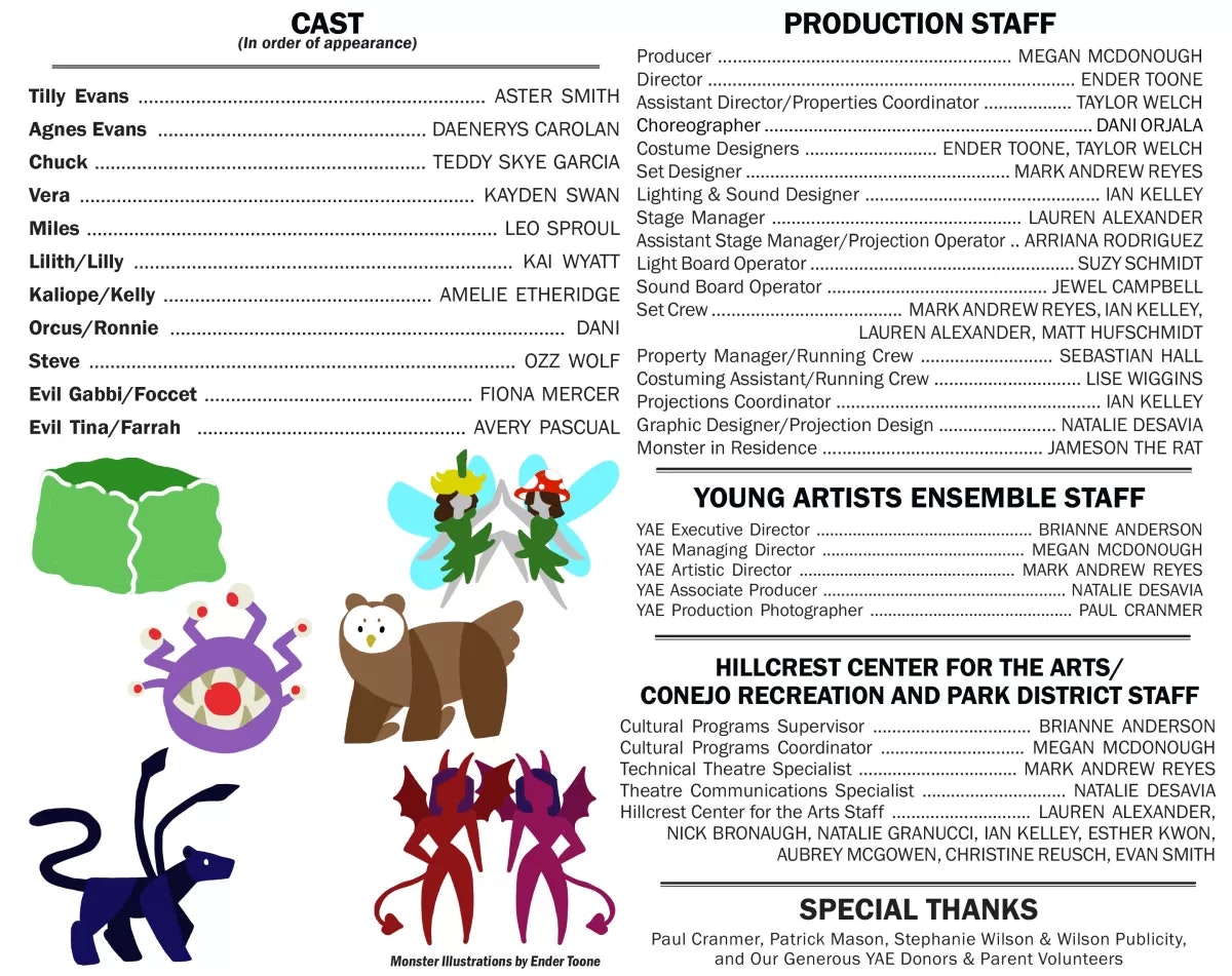 A cast and production staff list for a performance, with monster illustrations by Ender Toone.