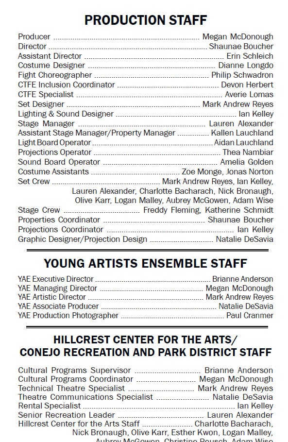 List of production, ensemble, and Hillcrest Center staff with their roles.
