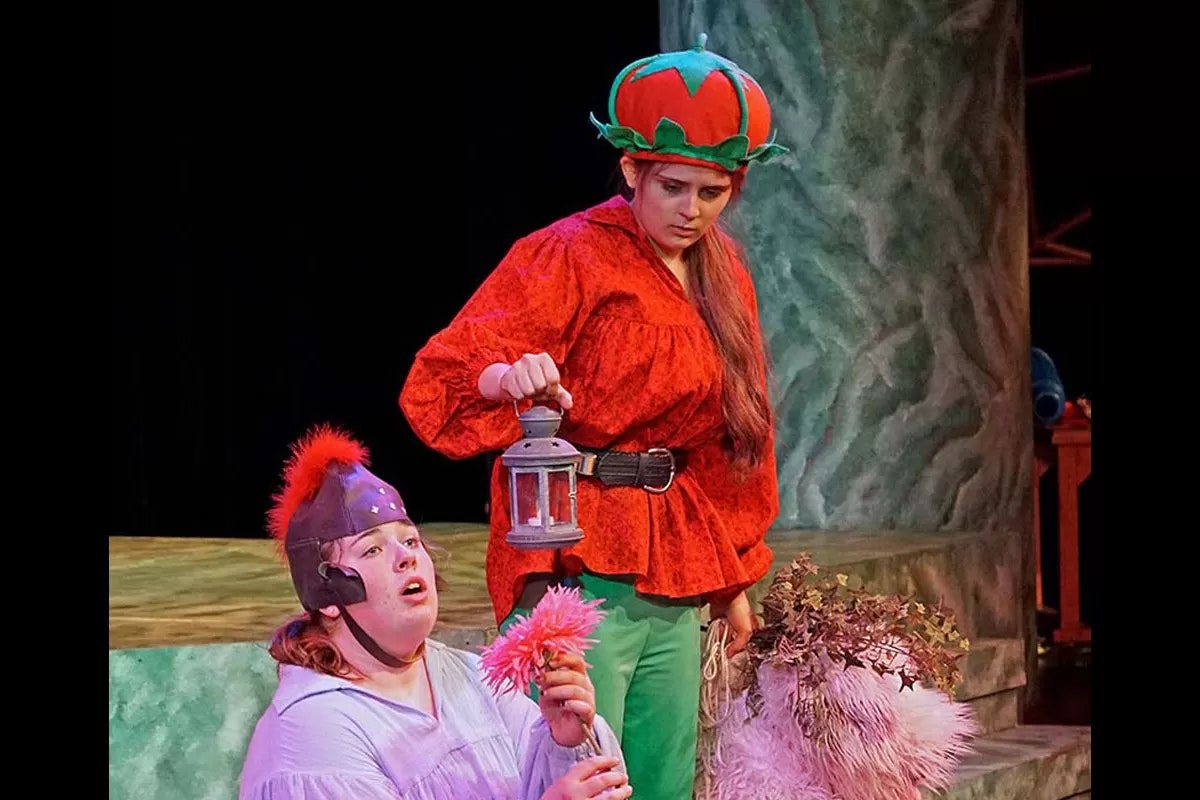 Two people in theatrical costumes; one holds a lantern, the other, in a helmet, holds a pink flower.