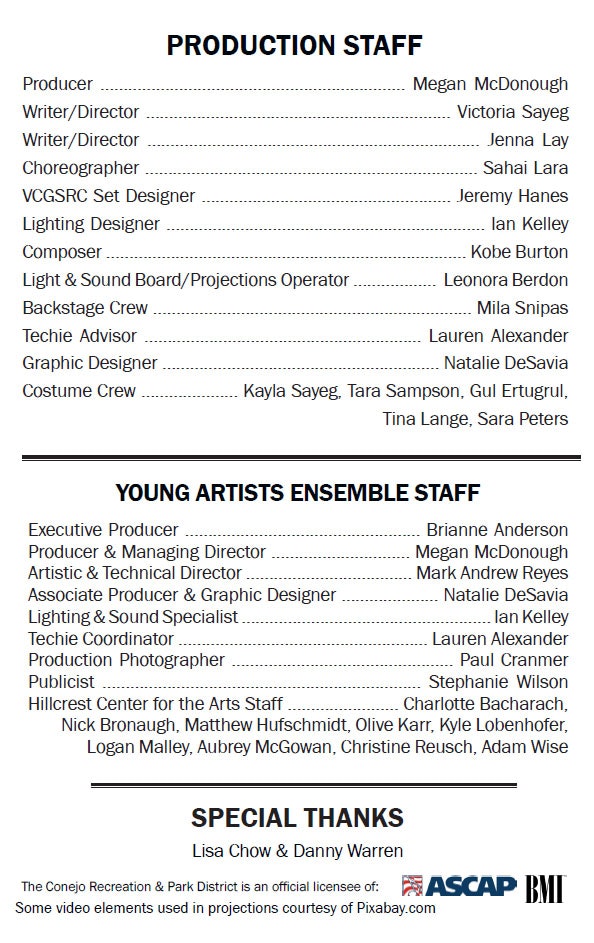 The image lists the production and ensemble staff for a project, including roles like producer, director, choreographer, and graphic designer.