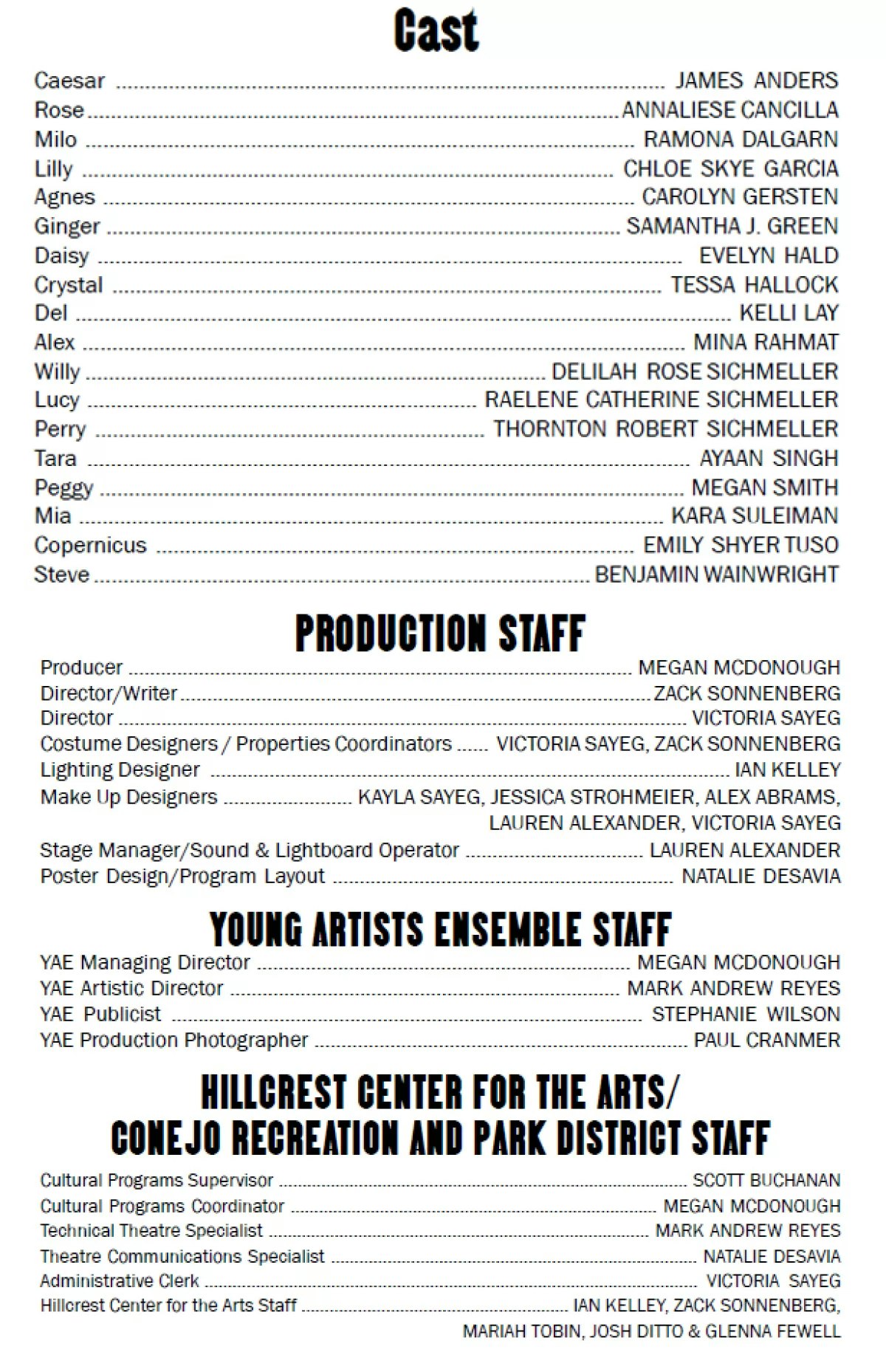 Cast and production staff list for a play, including crew roles and Young Artists Ensemble staff.