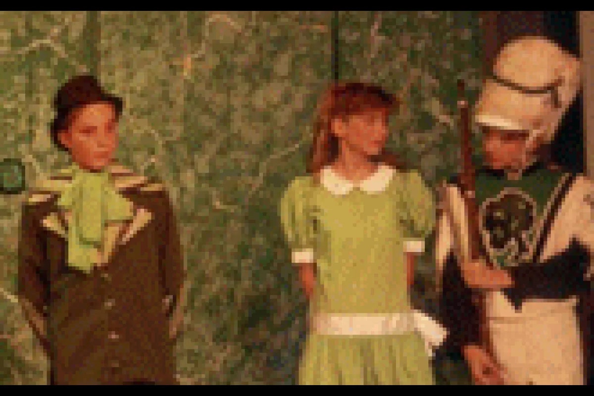 Three people in costumes on stage, one in a green dress, another in a green suit, and the third in a marching band outfit.