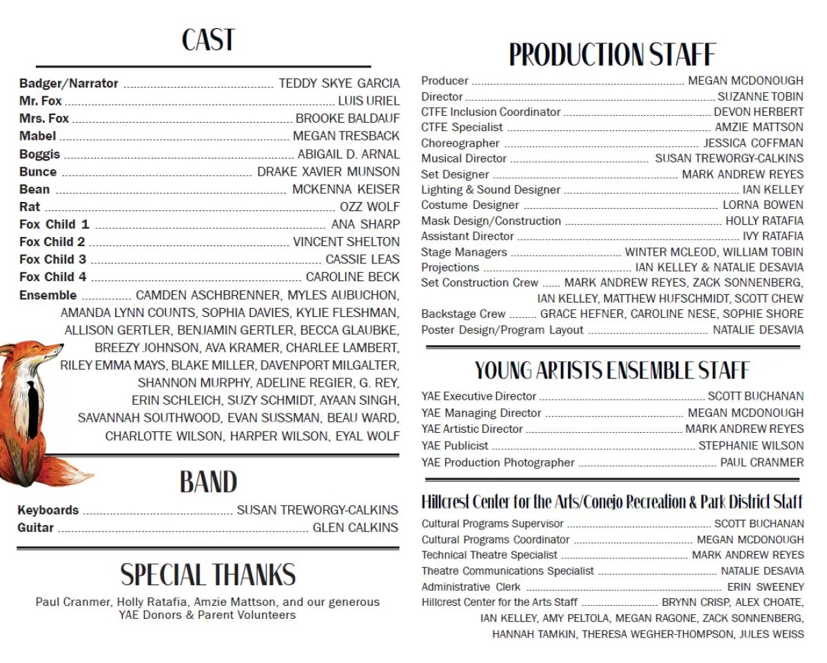 A theater program listing cast, production staff, band, and special thanks for a performance, likely involving young artists.
