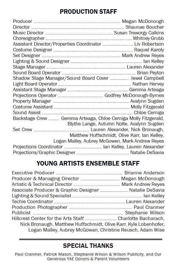 The image lists the production and young artists ensemble staff for a performance, including roles and names of contributors.