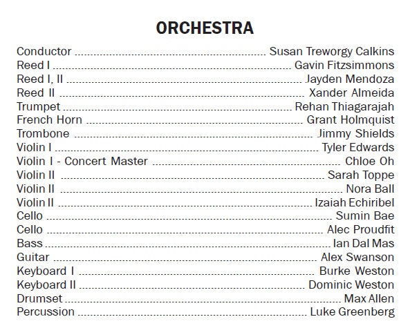 Orchestra member list with roles like conductor, violin, cello, and more, featuring names such as Susan Treworgy Calkins and Chloe Oh.
