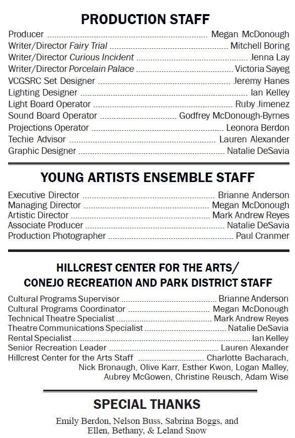 Production, Young Artists, and Hillcrest Center staff listings with special thanks.