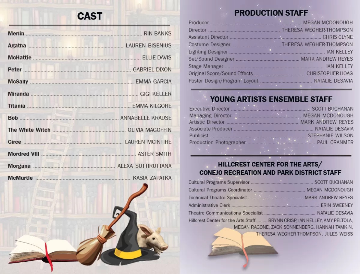 Cast and staff list for a production, with magical-themed graphics including a witch hat, broom, book, and a rat.