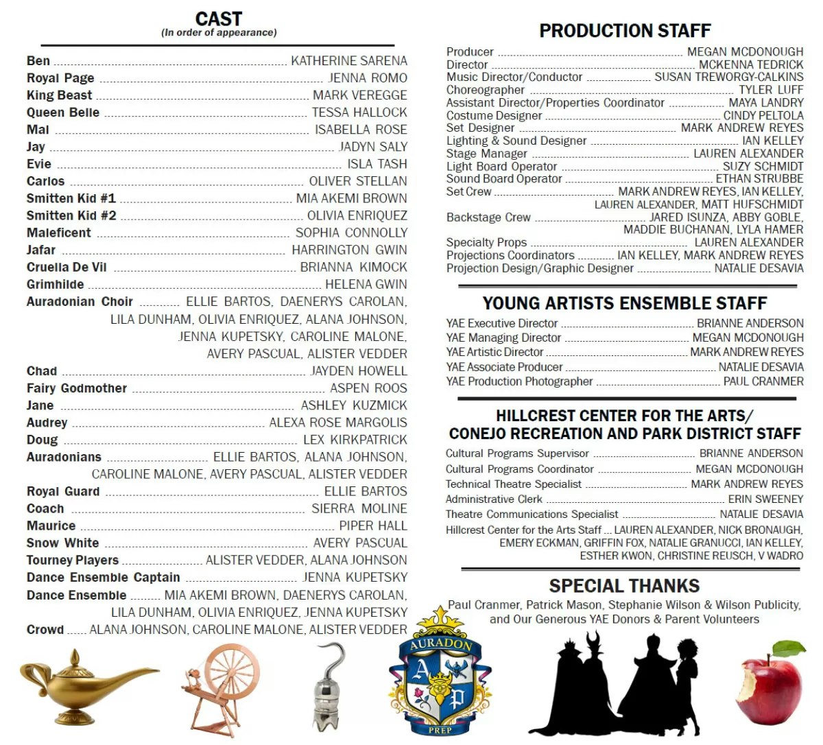 Cast and crew list for a theatrical production, featuring various roles, ensemble teams, and special thanks.