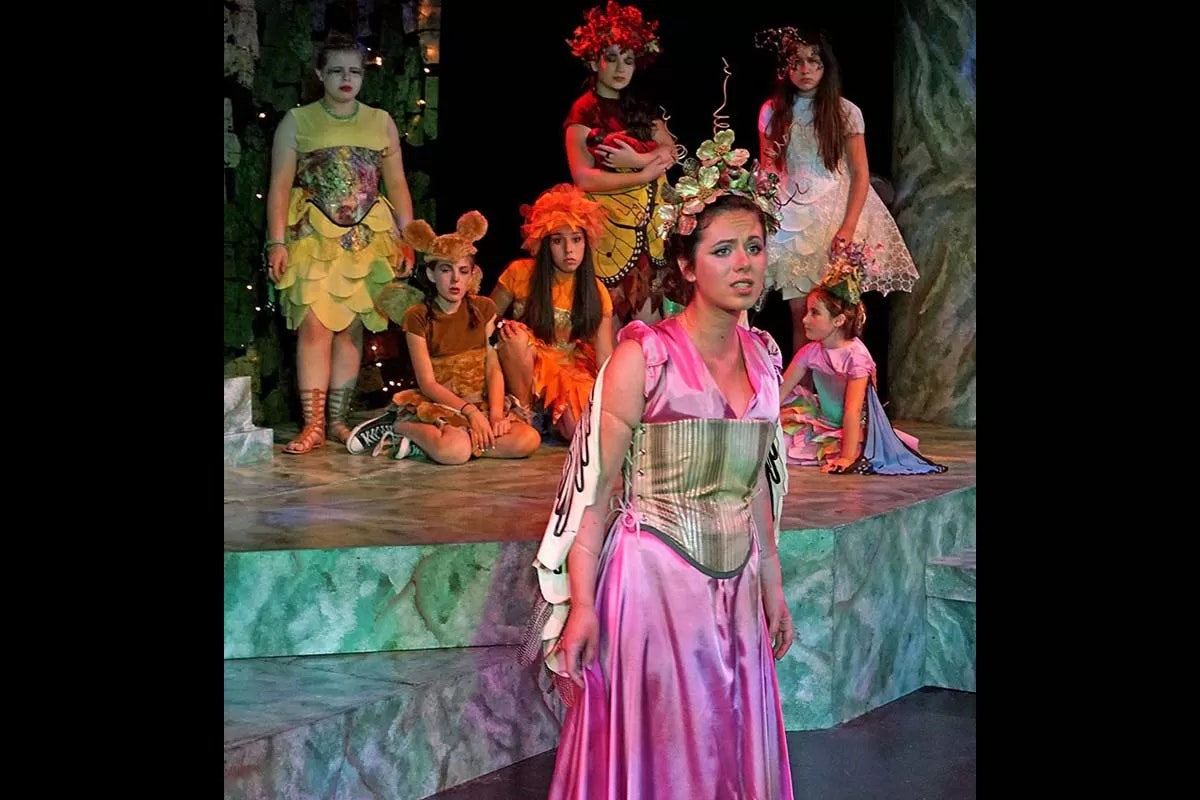 A theatrical scene with performers in colorful costumes, standing and seated on a stage with a fantasy or fairy-tale theme.