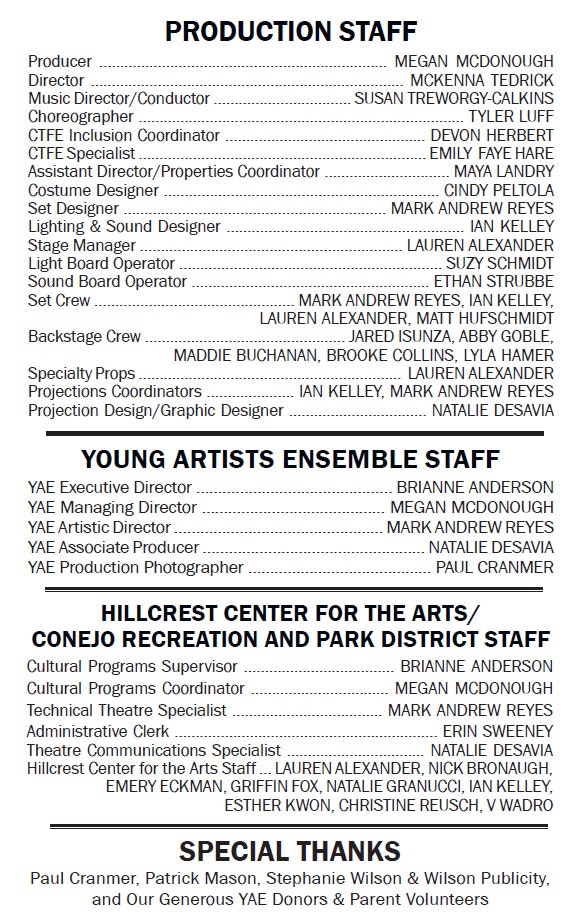 Production, Young Artists Ensemble, and Hillcrest Center staff list with roles; includes a special thanks section.