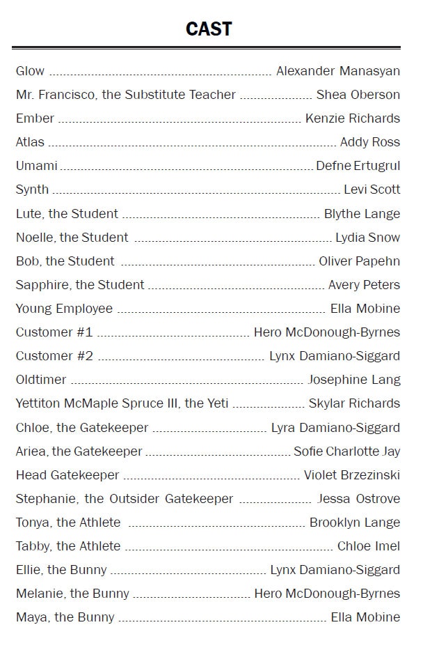 The image is a cast list for a performance, detailing character names alongside actor assignments.