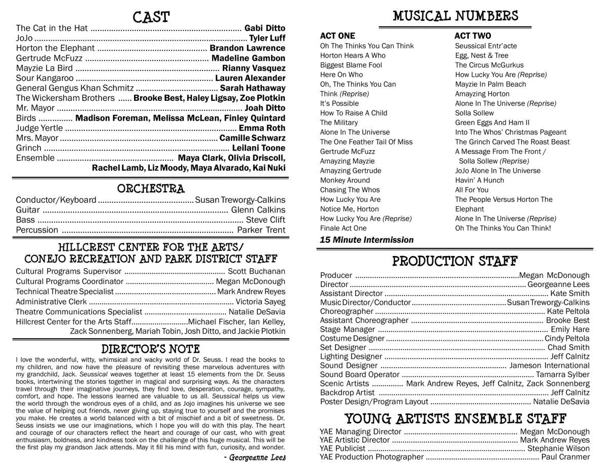 Cast and crew list for a stage production, featuring characters, musical numbers, orchestra, staff, and a director's note.